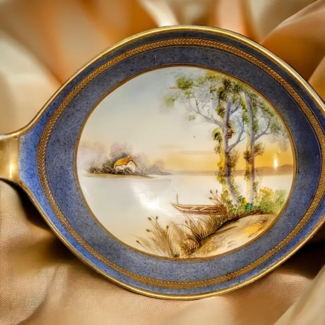 Ancient Nippon Double Handled Bowl Hand Painted Gold Trimmed Lake Scene Collect