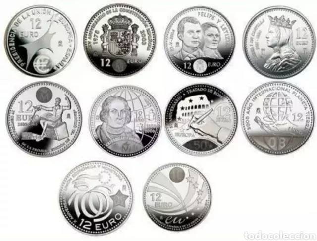 12 EUROS ESPAÑA  2002  al 2010 COLECCION COMPLETA  10 monedas Coins 182 Gr PLATA