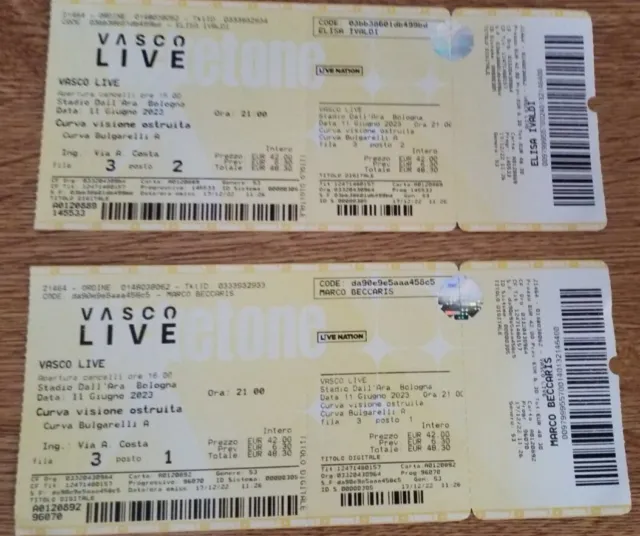 2 x Biglietti Concerto Vasco Rossi Bologna Domenica 11/06/2023 Stadio Dall'Ara