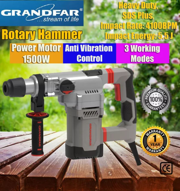 Grandfar 1500W SDS PLUS Rotary Hammer Electric Drill 3 Mode