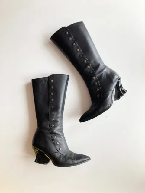 JOHN FLUEVOG Black Leather Button Sculptural Heel Knee High Boots, Size 8