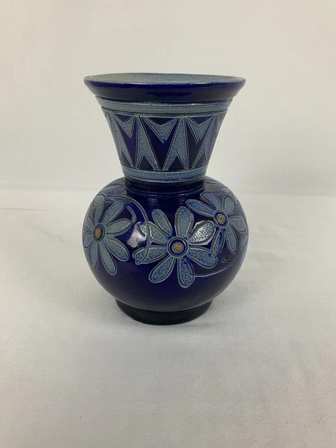 Ancien XXème petit vase en grès d'alsace décor florale signé