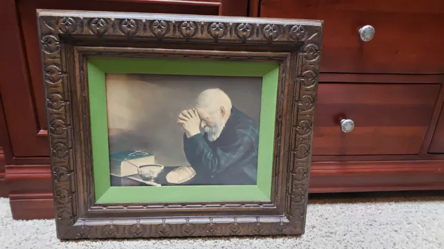 Vtg Eric Enstrom Grace Faux Wood Plastic Frame Painting Man Praying Daily Bread