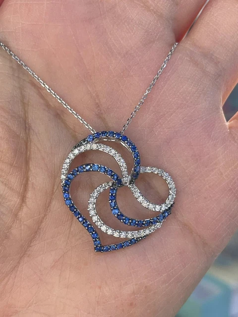 2Ct Round Lab-Created Blue Sapphire Heart Pendant 14KWhite Gold Plated 18" Chain