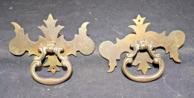 2 Vintage Chippendale Batwing Metal Backing w/Brass Drop Handle Drawer Pulls B