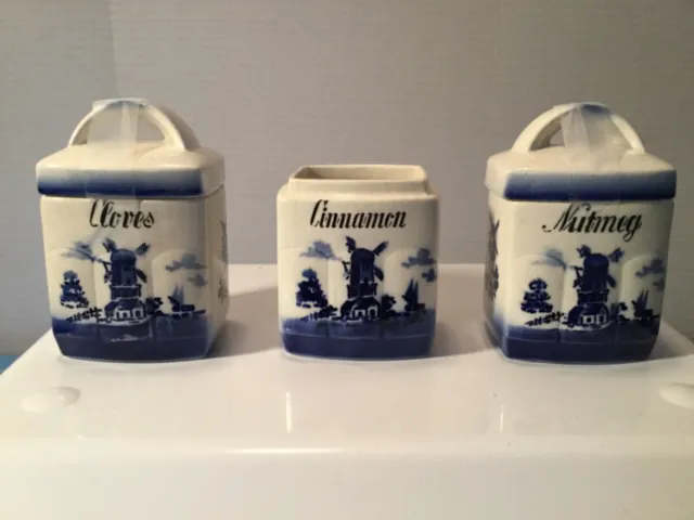Vintage Delftware Dutch Windmill Stoneware Spice Canister Set Delft Blue Germany