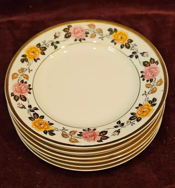 Jean Boyer Limoges France Set of 6 Plates 6-1/4 Pink & Gold Rose Garland Pattn