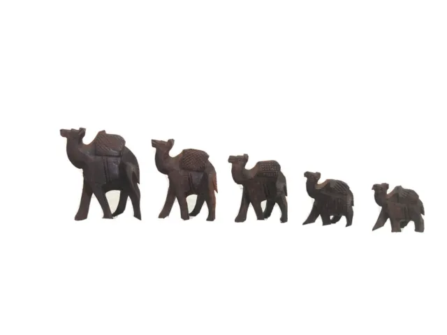 Hand Carved Miniature Wood CAMELS Lot of 5 Brown Wooden Animals