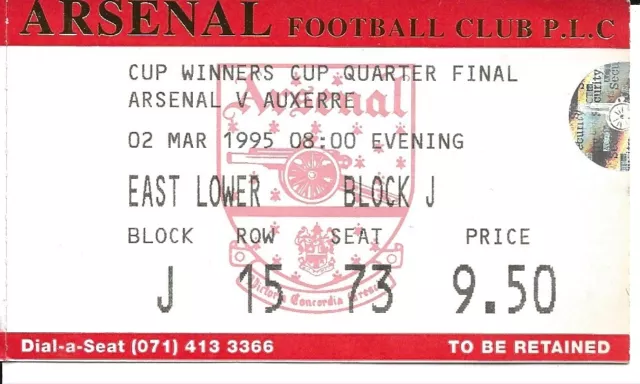 ARSENAL v AUXERRE TICKET 1995 CUP WINNERS CUP QUARTER FINAL 2nd MARCH 1995