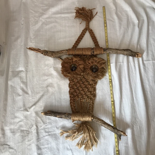 Vintage Boho Macrame Owl Wall Hanging Wood Bead Eyes, 40” Ttl, Owl 16”x12” MCM