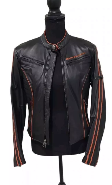 Harley Davidson Womens Leather Racing Jacket Black and Orange, Size Small