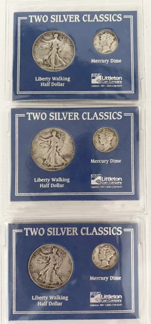 (3) "Two Silver Classics" Liberty Walking & Mercury Dime Sets Littleton Coins