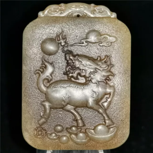 Chinese old hetian jade Jadeite hand-carved pendant necklace  statue  Unicorn