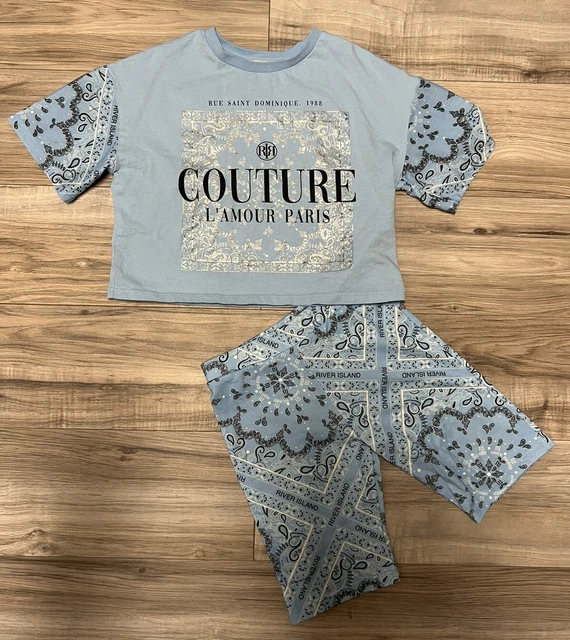 RIVER ISLAND MINI Girls Pale Blue Bandana Print Co-Ord Size 7-8 *VGC*