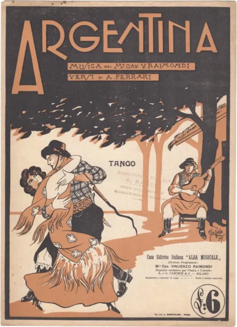 RAIMONDI VINCENZO Spartito Illustrato Musica ARGENTINA Tango Piano La Gala 1927