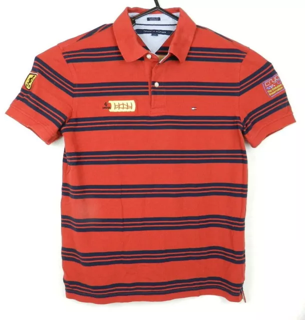 Tommy Hilfiger Ferrari Logo Polo Shirt Mens L Classic Fit Red w Blue Stripe SS
