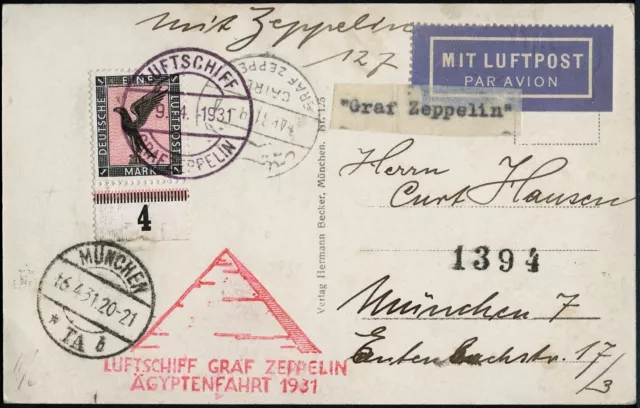 Zeppelin Dt. Reich 1931 Ägyptenfahrt Bordpost Kairo München Si 104 b / 1551