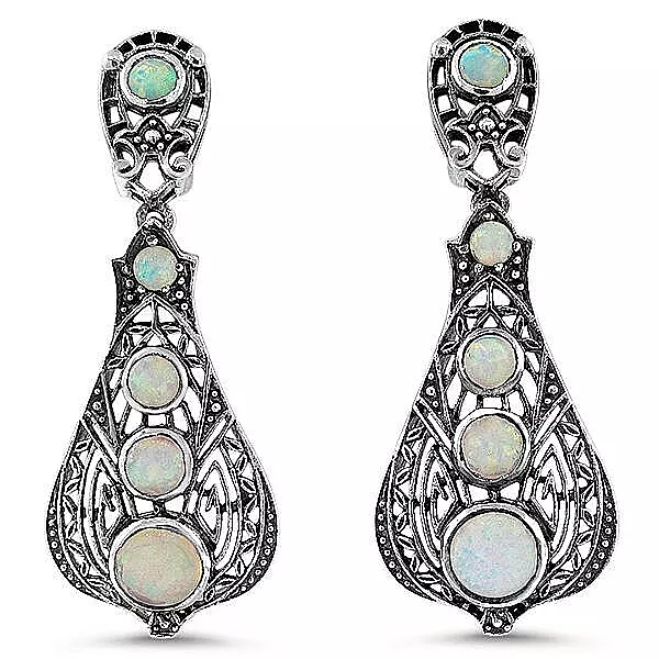 Victorian  925 Sterling Silver Lab-Created Opal Vintage Design Earrings 652X