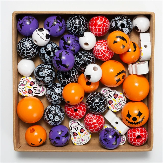 20XHalloween Holzschädel Grimasse Runde Perle Schmuckherstellung Hanfseil Quaste