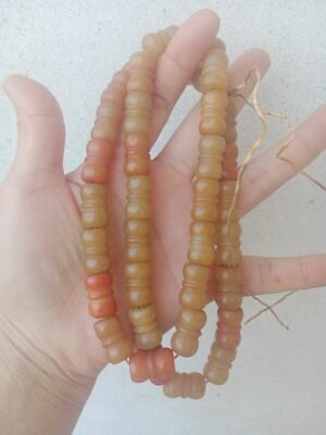 Delicate Chinese Old Jade Carved Beads Hand Woven Long Necklace