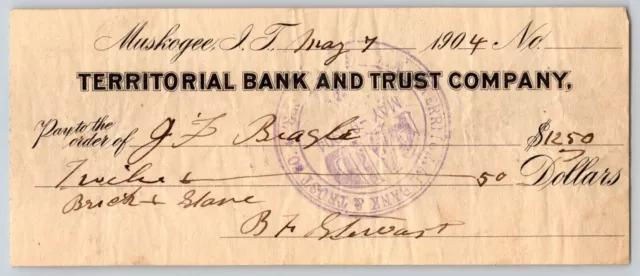 Muskogee, Oklahoma 1904 Indian Territory "Territorial Bank and Trust Co." Check
