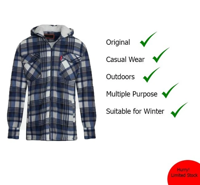 Mens Fleece Lined Padded Hooded Shirt Sherpa Fur Lumberjack Work Thick Jacket 