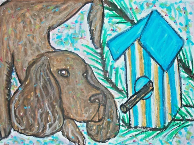 AMERICAN WATER SPANIEL and Birdhouse ORIGINAL 9x12 Pastel Painting Dog Folk Art