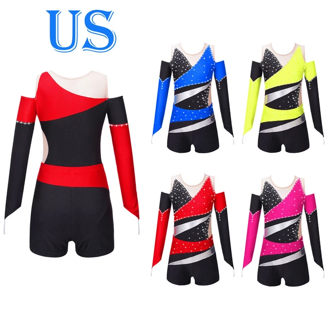 US Girls 2Pcs Long Sleeve Gymnastics Leotards Active Shorts Dancewear Outfits