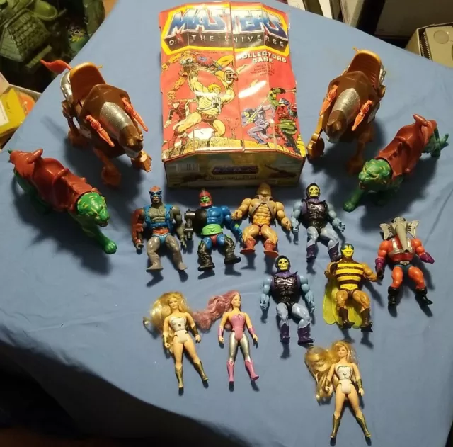 Lote de figuras de acción He Man MOTU - 10 personajes, 4 vehículos y estuche de coleccionista