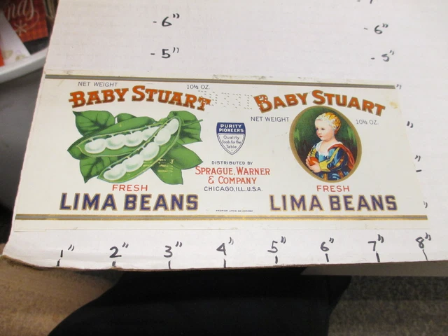 BABY STUART lima beans 1930s metal tin can food paper label,Sprague Warner