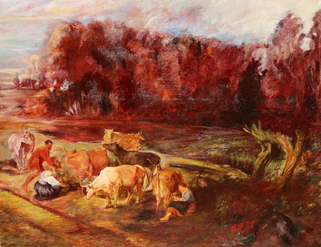 Anónimo De Principios Del Siglo Xx. Oleo Sobre Lienzo. Paisaje Con Figuras Y Ani