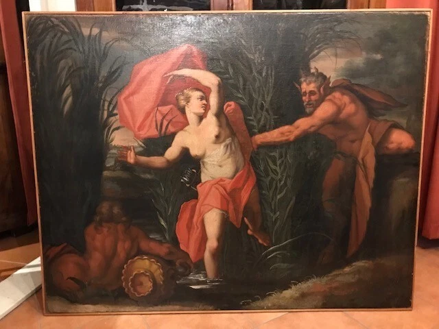 Dipinto ad Olio su Tela raffigurante il Dio Pan e la ninfa Siringa - Conservato