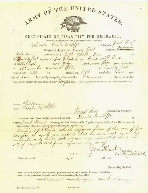 Indiana Civil War Soldier Disability Discharge Maryland 1861 Indiana Civil War Soldier Disability Discharge Maryland 1861