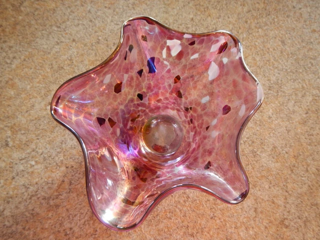 Vtg Art Glass Red Pink Cranberry Hand Blown Crackle Confetti Scalloped Edge Bowl