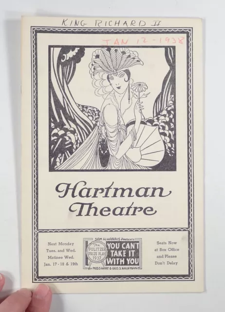 1938 Playbill KING RICHARD II Maurice Evans HARTMAN THEATRE Columbus Ohio {a}