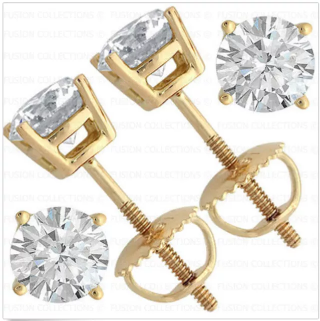 1CT Round Cut Simulated Diamond Screw Back Stud Earrings 14k Yellow Gold Plated