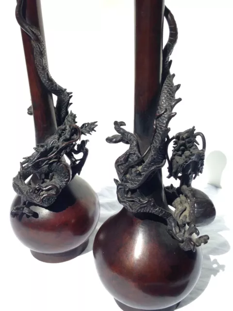 Pair Meiji Japanese Dragon Vases ~ Antique 19th Century Bronze Signed