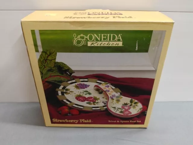 Oneida Kitchen Strawberry Plaid Trivet & Spoon Rest Set Hand Painted