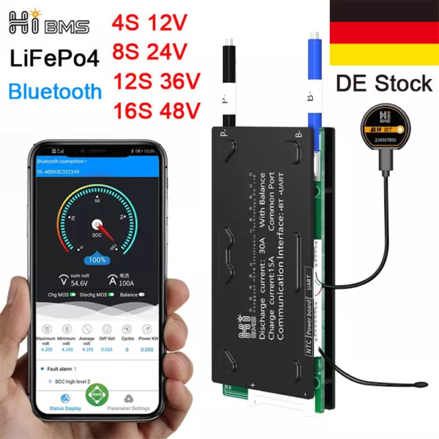 4S-16S 12V 24V 36V 48V 100A-250A LiFePo4 Smart BMS Balance + Bluetooth Module DE