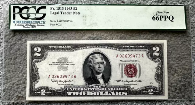 Series 1963 $2 TWO DOLLAR BILL RED SEAL LEGAL TENDER NOTE MONEY PCGS GEM NEW