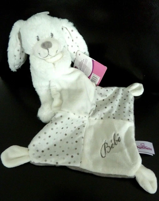 *. Doudou Peluche Pommette Lapin Blanc Mouchoir Gris Pois  Bebe Etiquette Neuf 2