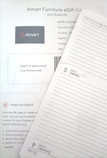 Prezzee Amart Furniture $1000 eGift Card   10/11/26 Expiry