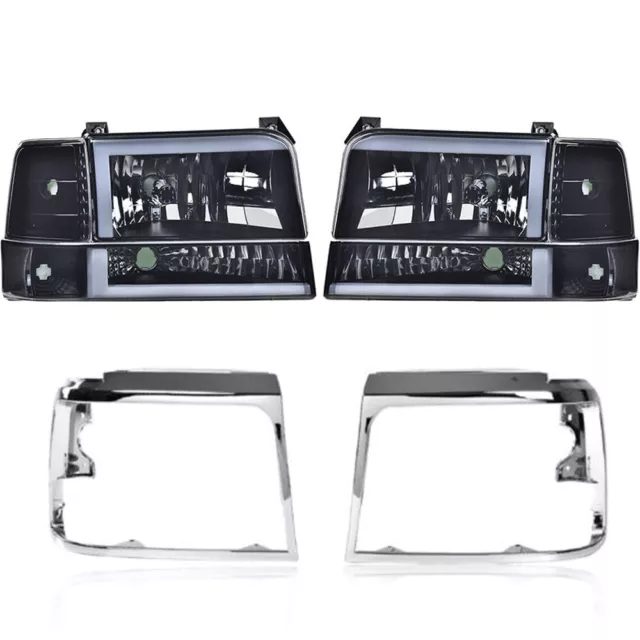 DUAL LED Smoked/Clear Headlights+Chrome Head Lamps Door Bezel Fit For 92-96 F250