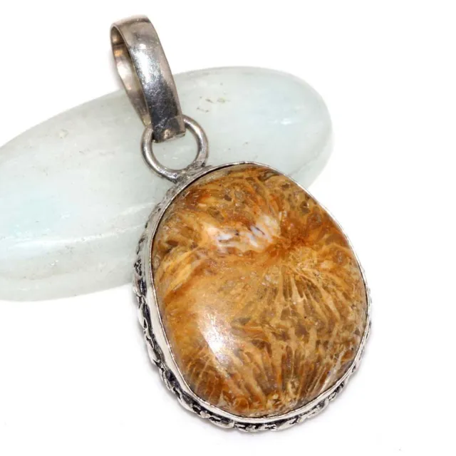 Fossil Coral 925 Silver Plated Gemstone Handmade Pendant 1.7" Well Made Gift GW