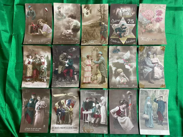 Lot of 15 Patriotic CPAs - Militaria Poilus WW1 War 1914 18 Patriotic