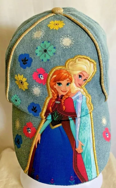 Disney Frozen Elsa Anna Blue Denim Baseball Cap Glitter Flower Girls Adjustable