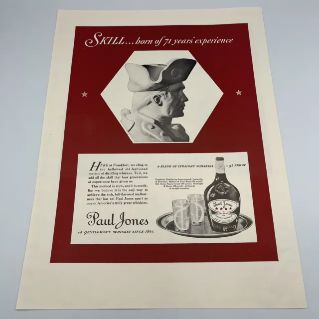 Paul Jones Whiskey 1937 Vintage Print Ad 10x14" Paul Jones bust bar wall art