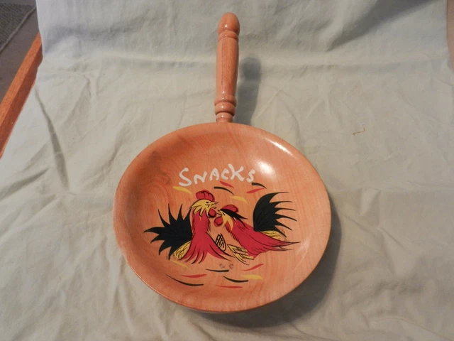 Vintage Wooden Snacks Serving Bowl with Handle Roosters Folk Art (M)
