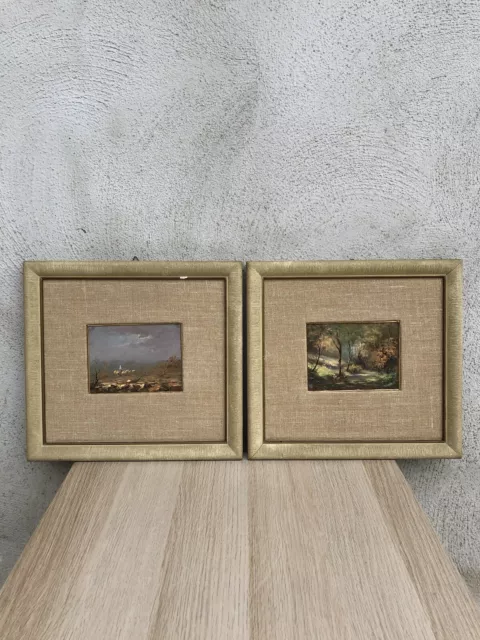 Coppia Di Quadri Vintage, Paesaggi Dipinti A Olio Su Masonite