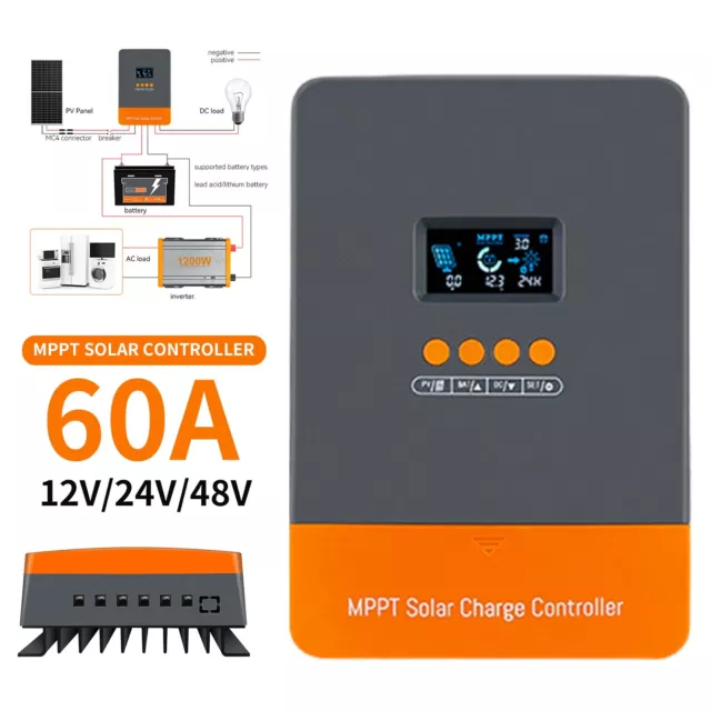 60A MPPT Solar Panel Battery Charge Controller 12/24V/36V/48V LCD Regulator Auto